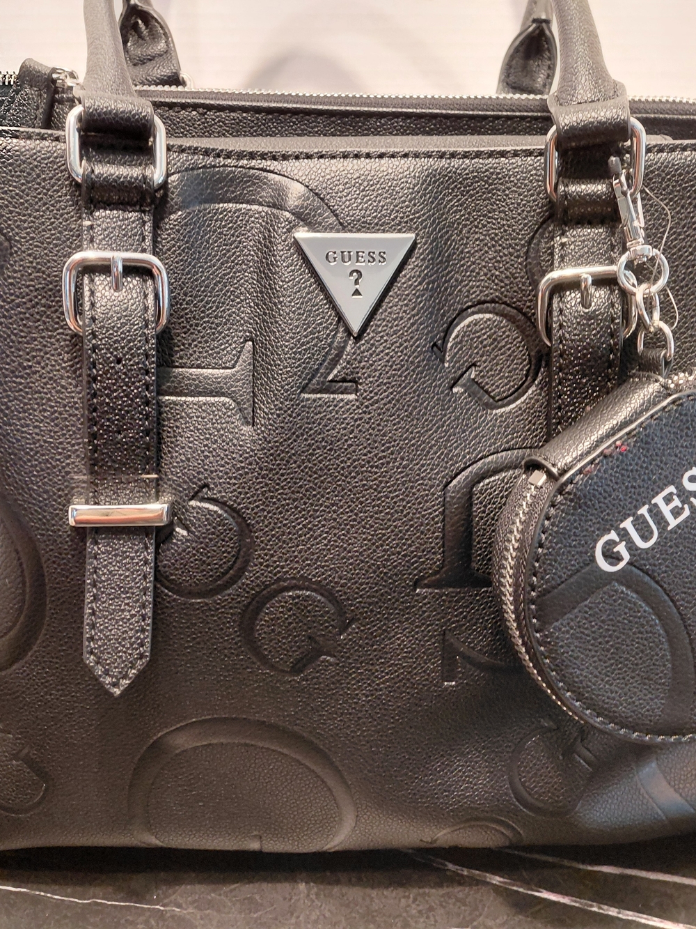 GUESS Black Embossed Logo Satchel With Change Purse.